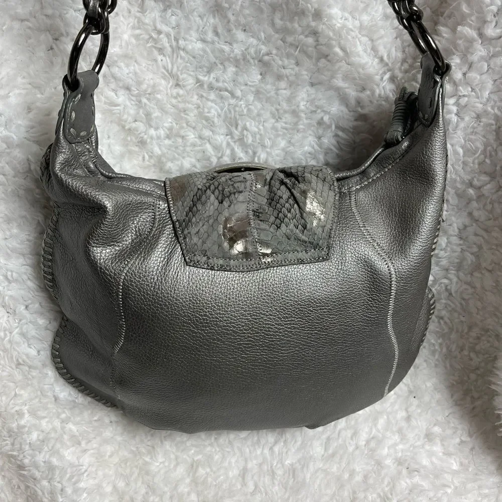 CHI by Carlos Falchil Hobo leather gray shoulder bag with shake skin flap& strap